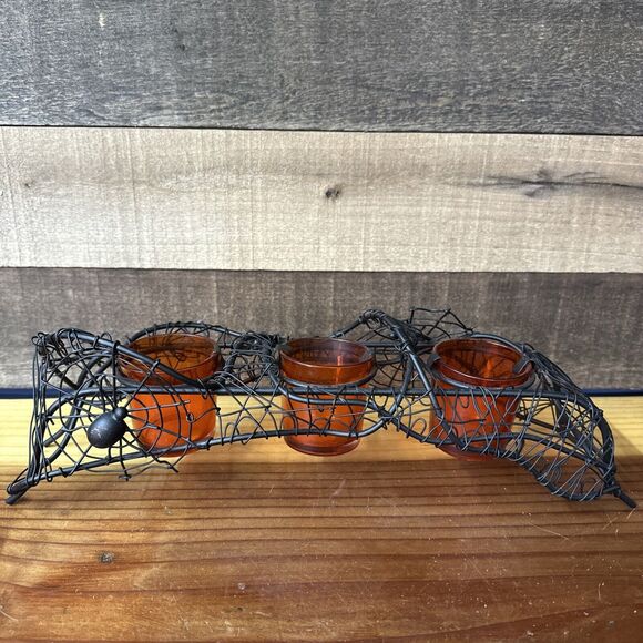 Metal Spider Web 3 Orange Votive Candle Holder Halloween - Picture 1 of 7